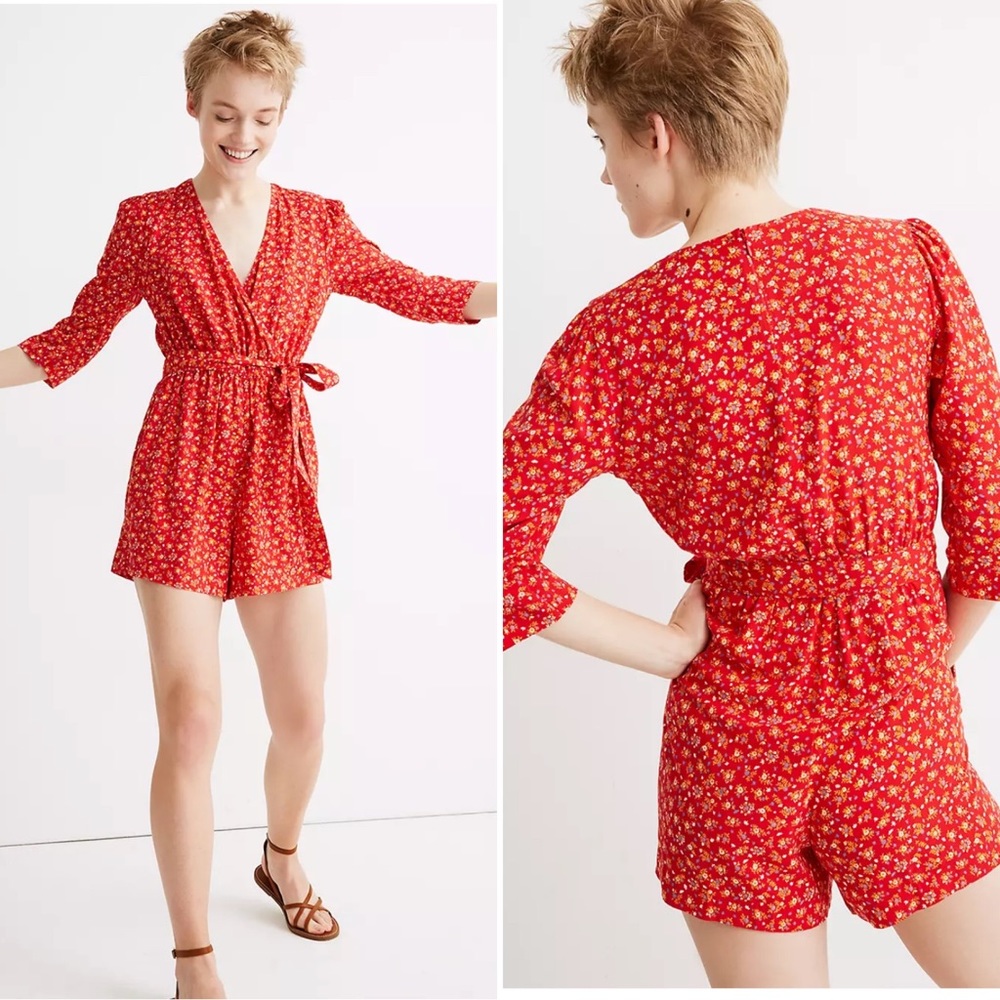 Madewell #AL329 Red Floral Waist Tie Romper